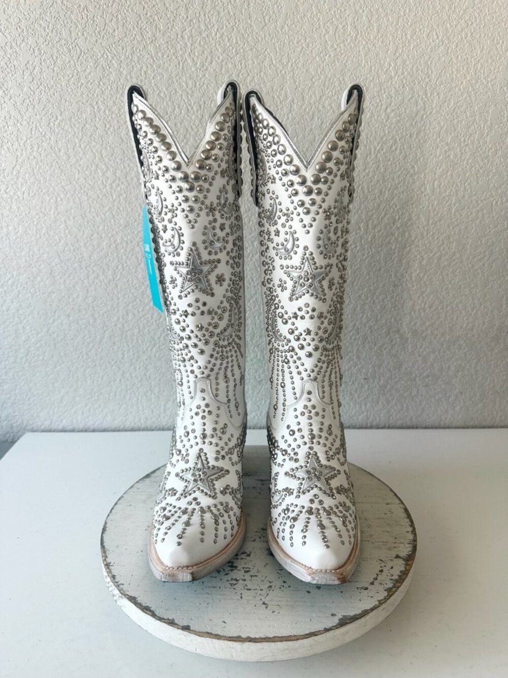 Lane SOLSTICE Womens White Studded Cowboy Boots Tall Snip Toe Leather Size 8 - Picture 4 of 14